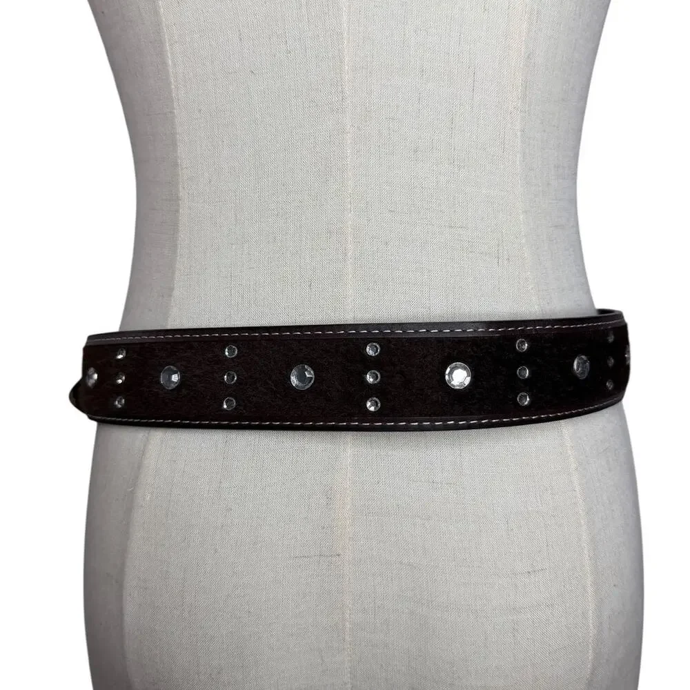 Western Jeweled Rhinestone Basketweave Leather Chunky Brown Belt Size Medium